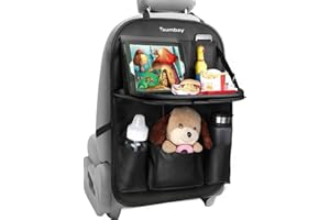 Tsumbay Car Backseat Organizer with Tablet Holder,9 Storage Pockets Foldable Table Tray Seat Back Protectors Kick Mats -PU Leather 1Pck