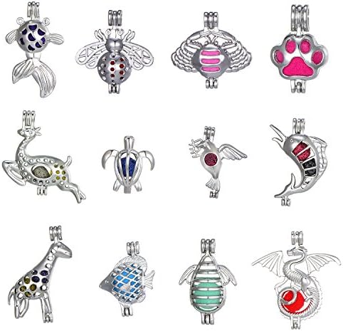 12Pcs Mix Style Animals Pendant Goldfish, Spiders, Deer, Turtles, Footprints, Birds.Dragon, Dolphins Pearl Bead Cage Pendants Essential Oil Scent Diffuser Cage Charms