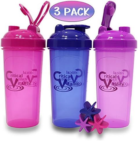 Protein Shaker Bottle Set 3 Pack, 25oz Bottles, Pink/Purple/Indigo and Blender Mixer Ball, Leak Proof BPA Free Dishwasher Safe Sports and Travel Water Container Fits Most Cup Holders