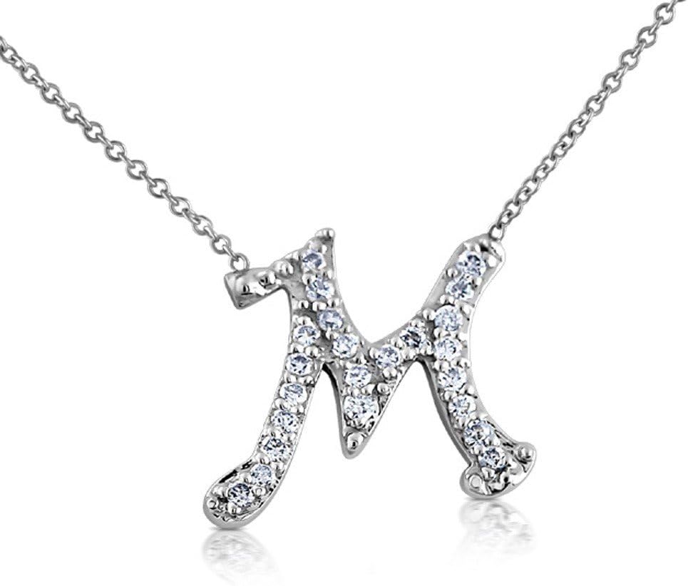 PPLuxury Solid 14K White Gold Diamond Letter M Initial Pendant Necklace