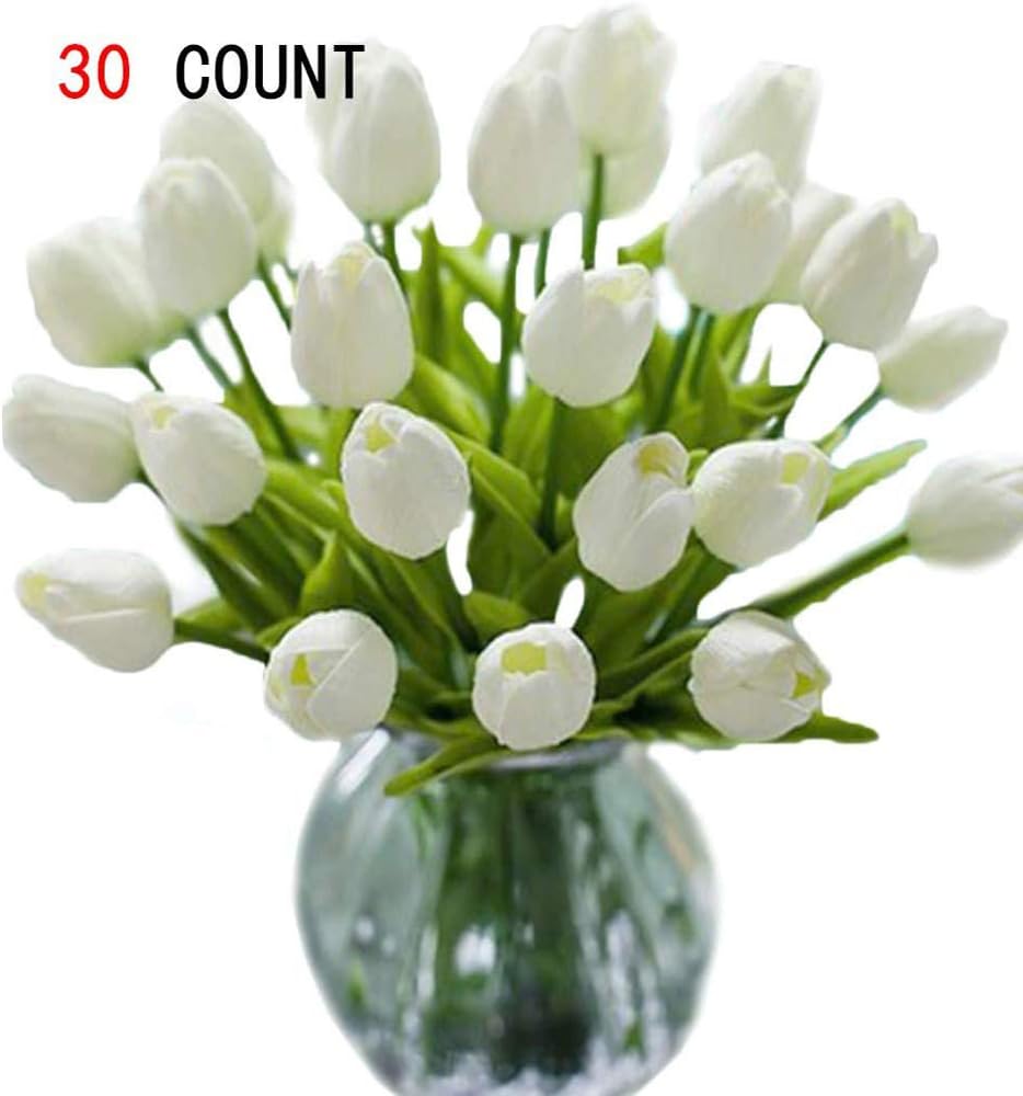 yunshuoa 30pcs Artificial Tulip Bouquets DIY Artificial Silk Handmade Flowers Suitable for Home Room Decoration Wedding Party Decoration (Pure White)