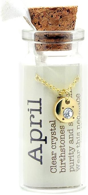 Lucky FeatherCrystal Birthstone Necklace Message in a Bottle Pendant for Women and Girls, 14K Gold Dipped with Adjustable Chain Birthstone Necklace