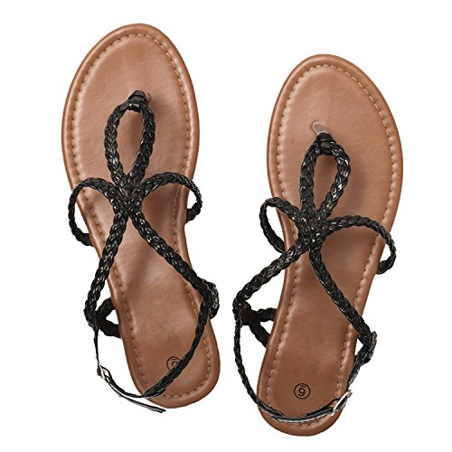 Rekayla Flat Sandals Braided Strap Tong Sandal for Women Black 08