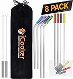 iCooker 8 Pack Reusable Stainless Steel Straws with Colorful Silicon Tips & Carry Bag Ultra Long 10.5 Inch Drinking Metal Straw