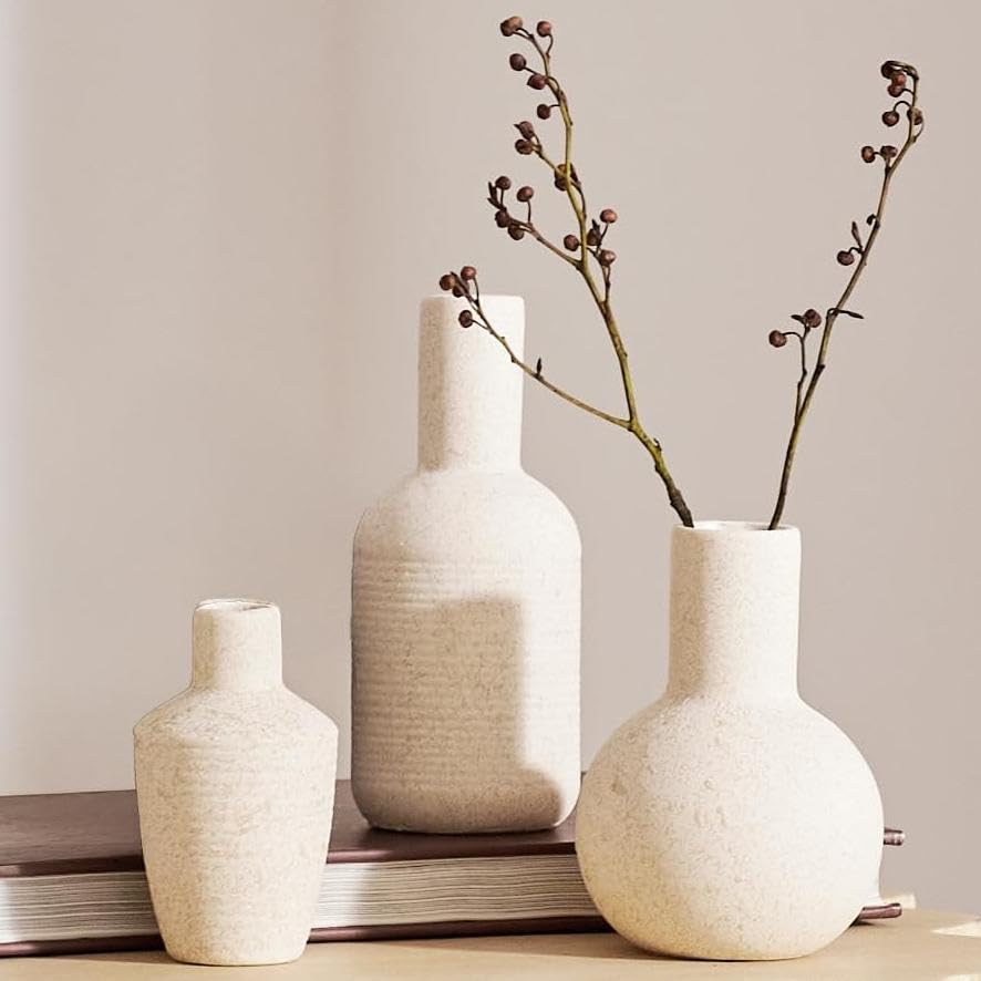 Photo 1 of DN DECONATION Ceramic Vase Set of 3, Small Vases Home Decor Boho Rustic Farmhouse for Pampas Grass & Dried Fresh Flowers, Modern Decorative Vases for Living Room, Bedroom, Entryway, Shelf, Table Decor