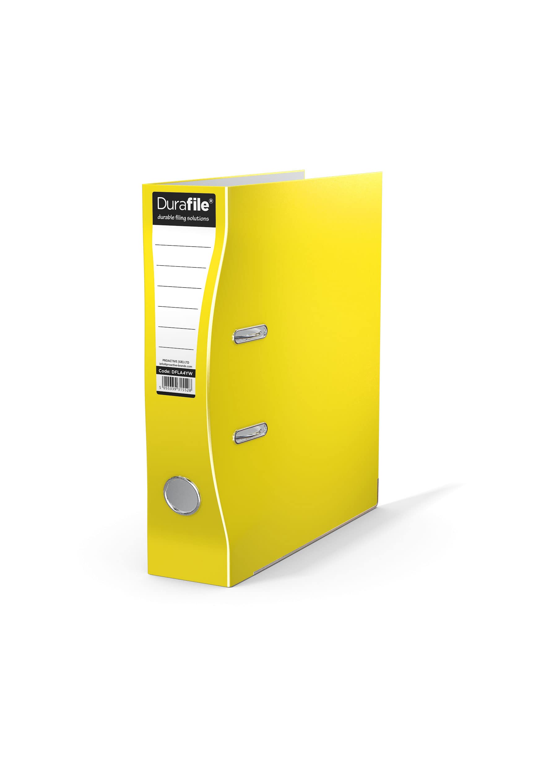 Durafile Lever Arch File, Yellow File, 'Ergonomic Curved Spine' Single Folder, Glossy Heavy Duty Board Construction with Metal Mechanism, Suitable for A4 Documents, Storage File folders