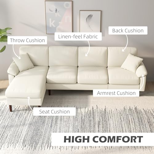 HOMCOM Changeable Sectional Sofa with Chaise Lounge, 111" Modern 4-Seater Couch with Pillows, Wooden Legs, L-Shape Corner Sofa for Living Room, Cream White