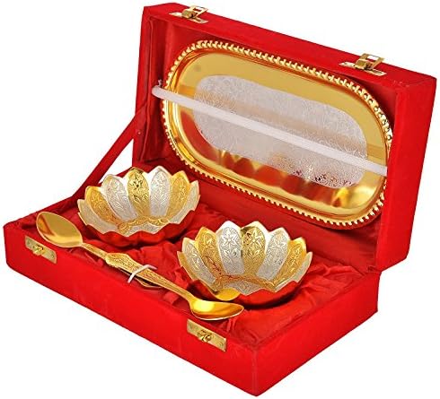 Artistic Handicrafts Gold & Silver Plated Floral Bowls And Spoon With Octagan Tray
