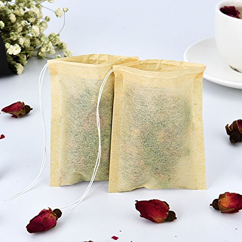 100 Pcs Tea Filter Bags, Disposable Empty Tea Infuser Bag with Drawstring Safe & Natural Material for Loose Leaf Tea and Coffee 2.36 x 3.15 inch - Give 2Pcs Tea bag holders (Initial)