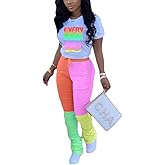 Casual 2 Piece Outfit Sets for Women Color Block Short Sleeve T-Shirts + Stacked Flare Pants Tracksuit Sweatsuit