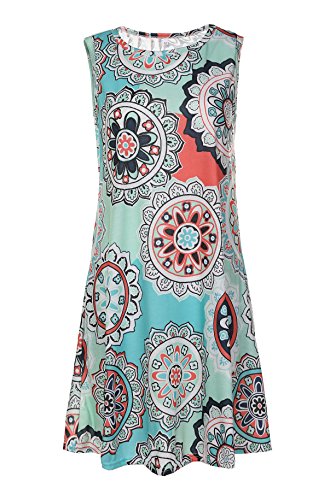 Womens Crew Neck Printed Sleeveless Casual Tunic Tops Summer Swing Tee Shirt Dress with Pockets (Green, M)