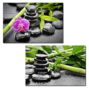 2 Panel Canvas Wall Art - Spa Concept with Black Zen Stone and Bamboos - Giclee Print Gallery Wrap Modern Home Art Ready to Hang - 16"x24" x 2 Panels