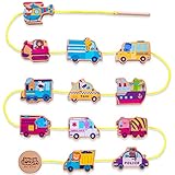 Wooden Lacing Beads Vehicle Block Set, Educational Hand String Toy Cars, Learning Jigsaw Puzzle Play Mat Gift for Ages 6, 9, 12 Months 1, 2, 3 Years Old, Babies, Girls, Boys, Toddlers & Kids