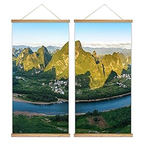 2 Panel Hanging Poster with Wood Frames - Landscape of Mountains and River - Ready to Hang Decorative Wall Art - 18"x36" x 2 Panels