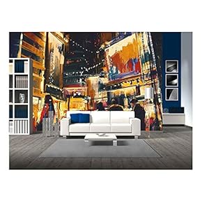 Colorful of Night City,Digital Painting - Removable Wall Mural | Self-Adhesive Large Wallpaper - 66x96 inches