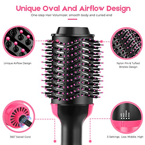 Hot Air Brush Hair Dryer Brush Hair Brush Dryer - Beewarm One Step Hair Brush and Styler for Curls and Straight Hair with 4 Clips