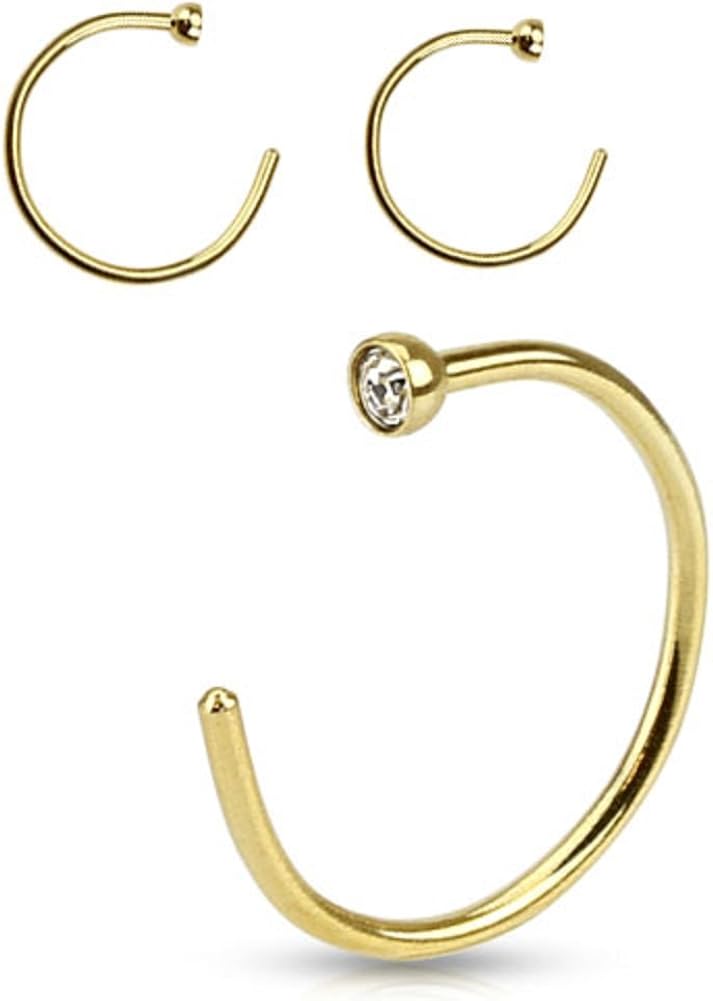 PiercedOff Gold Tone IP Over 316L Surgical Steel Nose Hoop with Clear Gem - Thickness 20GA (0.8mm) / Diameter 10mm / Gem Size 2mm - Image 3