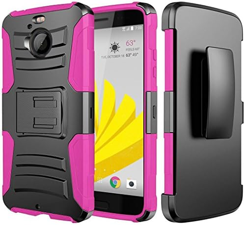 HTC Bolt Case, JATEN [Belt Clip] Rugged Hybrid Dual Layer Kickstand Holster Combo + Tempered Glass Screen Protector and Stylus Pen (Black/Pink)