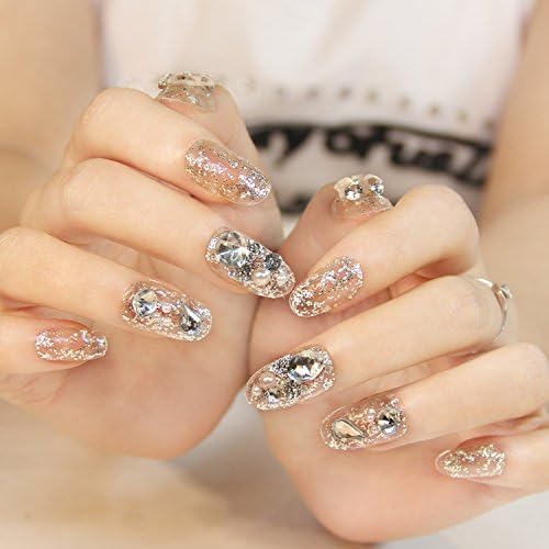 24PCS Shining Bride Manicure Patch For Wedding Dress Transparent False Nails With Rhinestone and Pearls Full