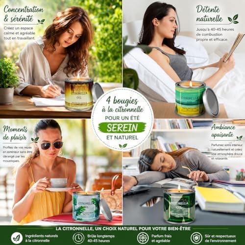 Bougies à la Citronnelle Dans des Boîtes de Bougies en cire pour Barbecue Camping Voyages Vacances Patio Intérieur Jardin Cuisine 4 Pièces