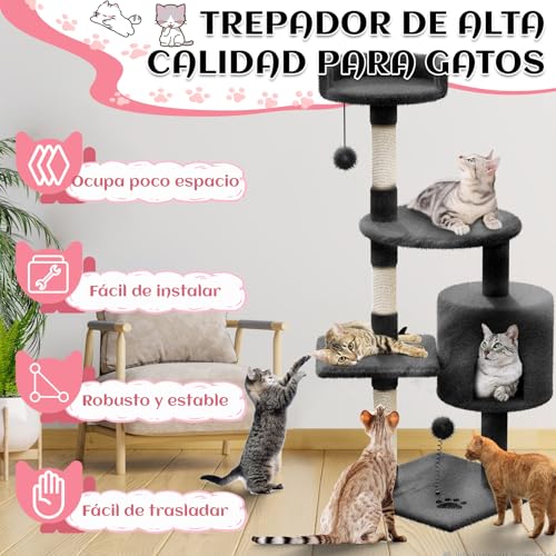 KongJies Torre para Gatos, 4 Niveles Torre Árbol Rascador con Poste Rascador, Torre Pequeño de Gatos con Plataforma Acolchada y Pompón, para Gatos Pequeños Medios (Gris Oscuro)