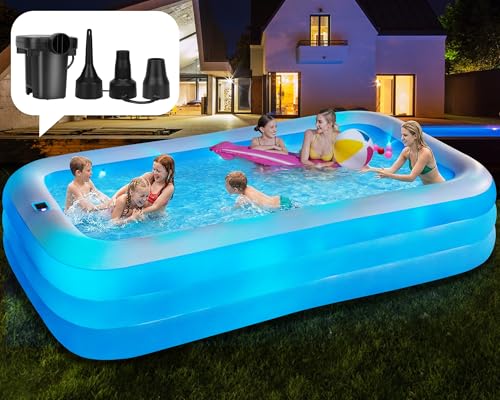 Inflatable Pool for Adults and Kids, 130"x72"x22" Full Size Inflatable Pools with Lights & Pump, Large Blow Up Pool for Family, Thickened Inflatable Swimming Pool for Outdoor Backyard