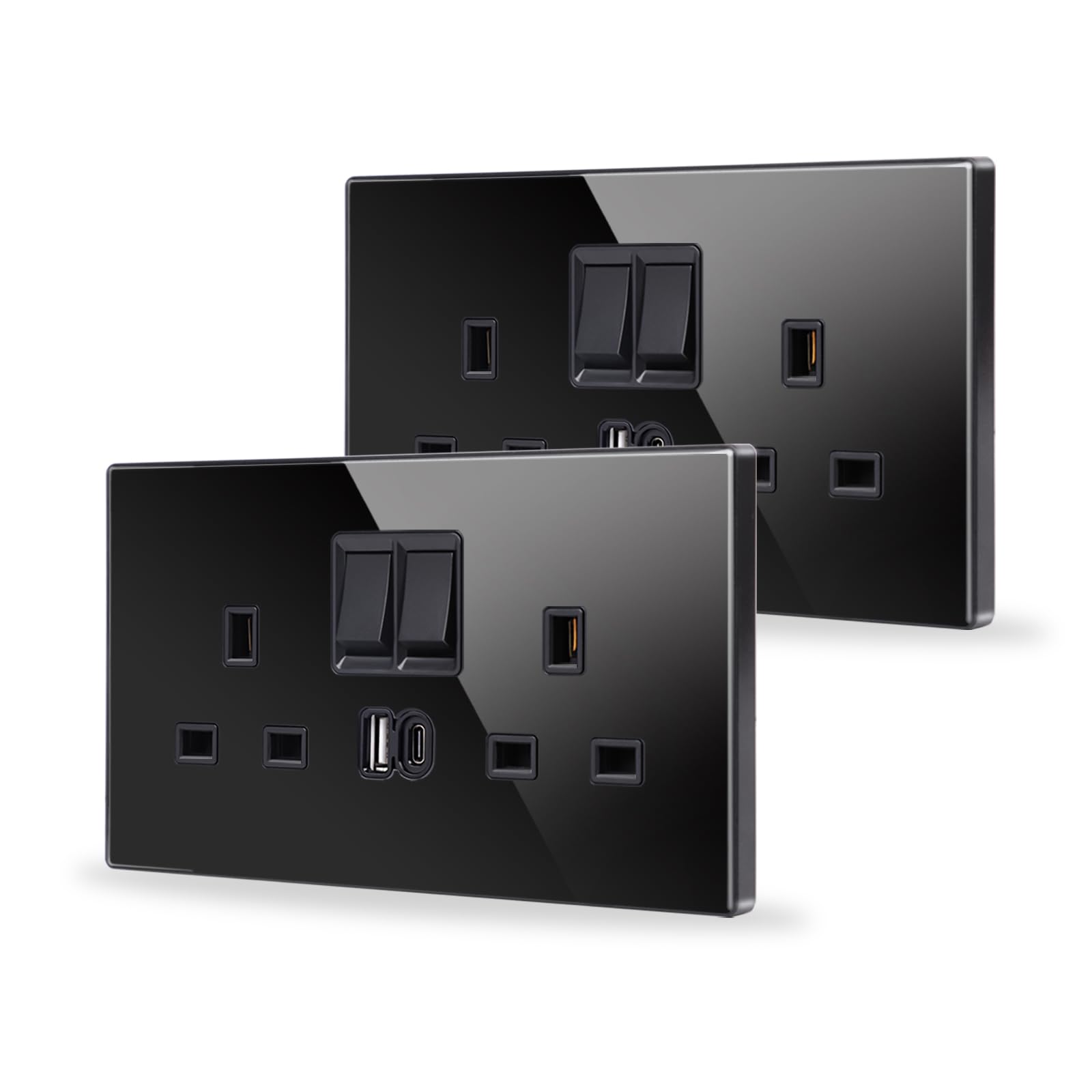JIMEIDA 2 Pack Double Switched Socket Black 20W Fast Charging 13 Amp with USB A and Type C Charging Ports Crystal Glass Panel Wall Outlet