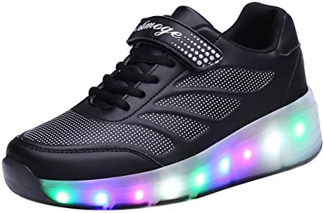 FOUPLER Girl's Boy's LED Light Single Wheel Roller Shoes Kids Skate Sneaker 02Black 2/34
