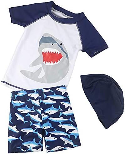 Baby Boys Two Piece Swimsuits Rash Guard Short Sleeve Shark Bathing Suit Swimwear Sets with Hat UPF 50+ for Kids