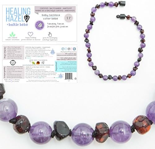 100% Certified Balticamber Pop Clasp Children Necklace with Gemstones, Amethyst, ~12/13''