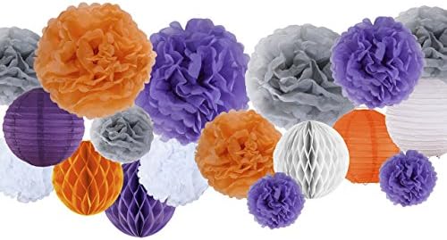 VIDAL CRAFTS 25 Pcs Tissue Paper Pom Poms Kit (14", 10", 8", 6"), Paper Flowers, Paper Lanterns and Honeycomb Balls, for Wedding, Baby Shower, Birthday, Events (purple, grey, white, orange)