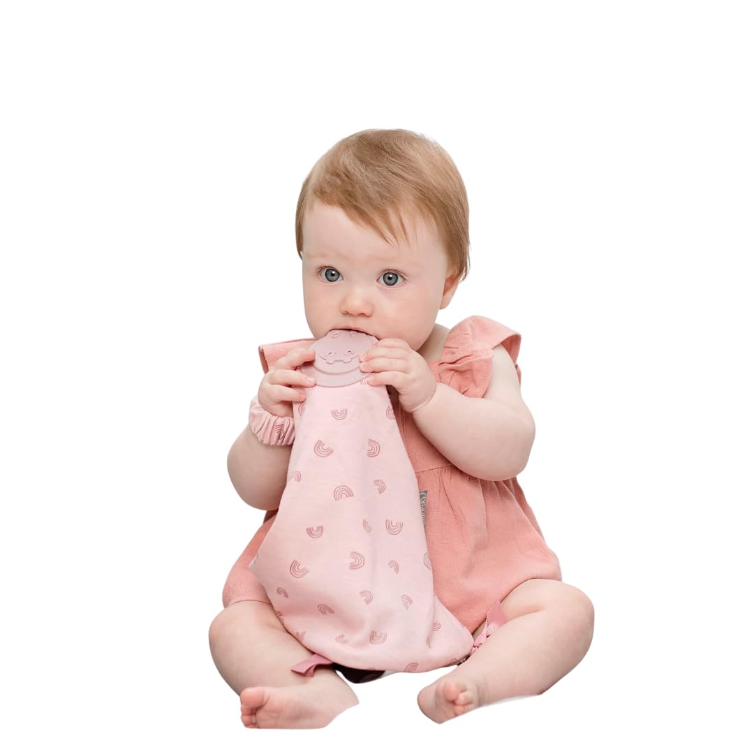 Cheeky Chompers Soft Baby Comforter | 4 in 1 Comfortchew | Baby Teething Aid & Sensory Toy | Silicone Teething Section | Soothing + Comforting | Rainbow Rose