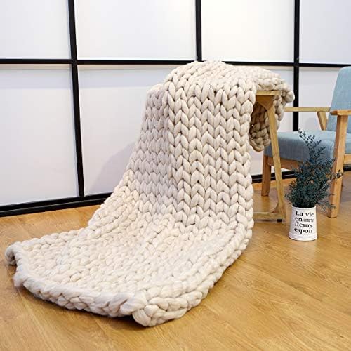 Chunky Knit Blanket Merino Wool Hand Made Throw Boho Bedroom Home Decor Giant Yarn King Size,Beige,80"x80"