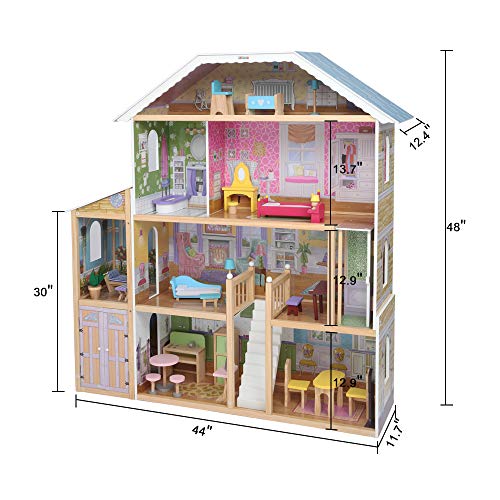JOYMOR 48" Large Dollhouse with Furniture, Wooden Play Mansion with