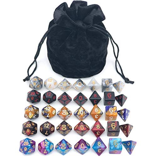 Assorted Polyhedral Dice Set with Black Drawstring Bag, 5 Complete Dice Sets of D4 D6 D8 D10 D% D12 D20 Great for Dungeons and Dragons DnD RPG MTG Games