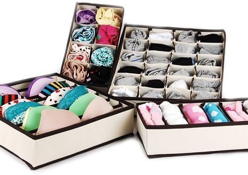 Orino Home Non-woven Fabric Foldable Drawer Dividers Underwear Storage Boxes,6cell,7cell,8cell,24cell,Set of 4,BEIGE
