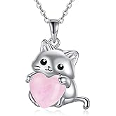 HOPEEZZ Cat Necklace for Women 925 Sterling Silver Rose Quartz/Moonstone Jewelry Cat Lover Gift Mothers Day Gifts