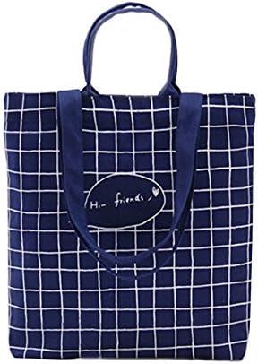 Vvrai Amour Cotton Canvas Tote Bag Heavy Duty Blue and White Grid Handbag for Shopping Laptop School Books Trip Party Favors