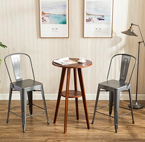 26 Inch Industrial Metal Counter Height Bar Stools with Backs Set of 2 Vintage Tolix Cafe Chairs Matt Silver
