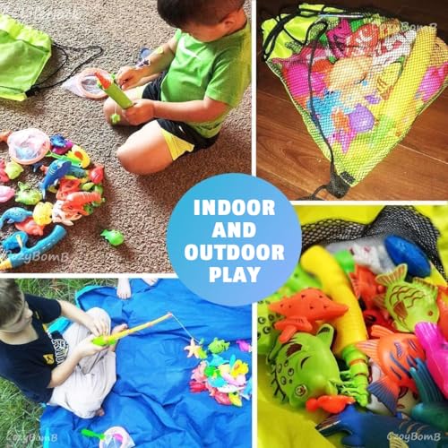 Magnetic Fishing Toys Game Set for Kids for Bathtime or Pool Party with Pole Rod Net, Plastic Floating Fish - Toddler Education Teaching and Learning of All Size Colors Ocean Sea Animals
