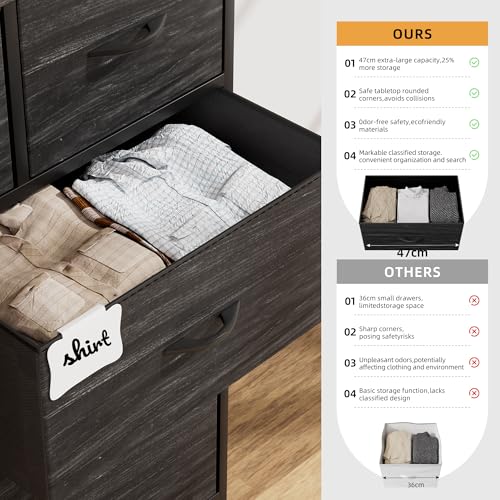 PURFINO Fabric Chest of Drawers - Dresser Canvas Organizer with 9 Large Drawers, Label Cards, Side Pocket and Hook, for Living Room, Hallway, Bedroom
