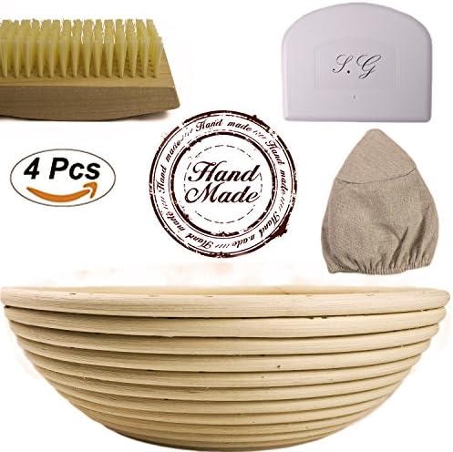 10 inch Natural Round Ratten Banneton Bread Proofing Basket Set that comes with Brotform Linen Cloth Liner | Flour Brush | Bowl Scraper Great for Sourdough Recipes Meant for Making and Rising Dough