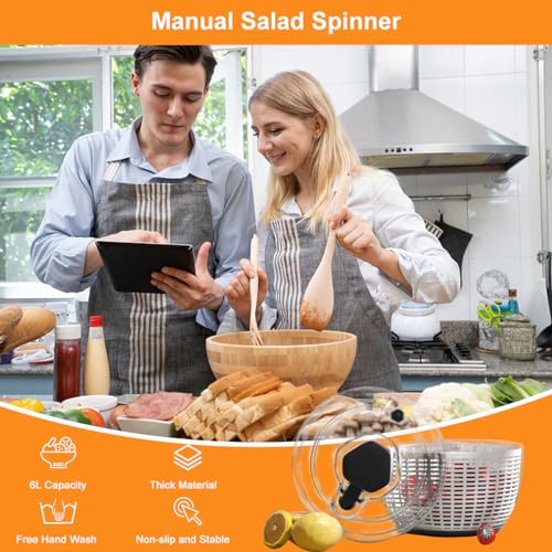 6L Salad Spinner with Bowl Large Vegetable Fruit Washer Quick Spinner Dryer | Manual Lettuce Mixer, Veggies Quick Dryer, with Food Draining Basket Lid, Salad Making Bowl Colander
