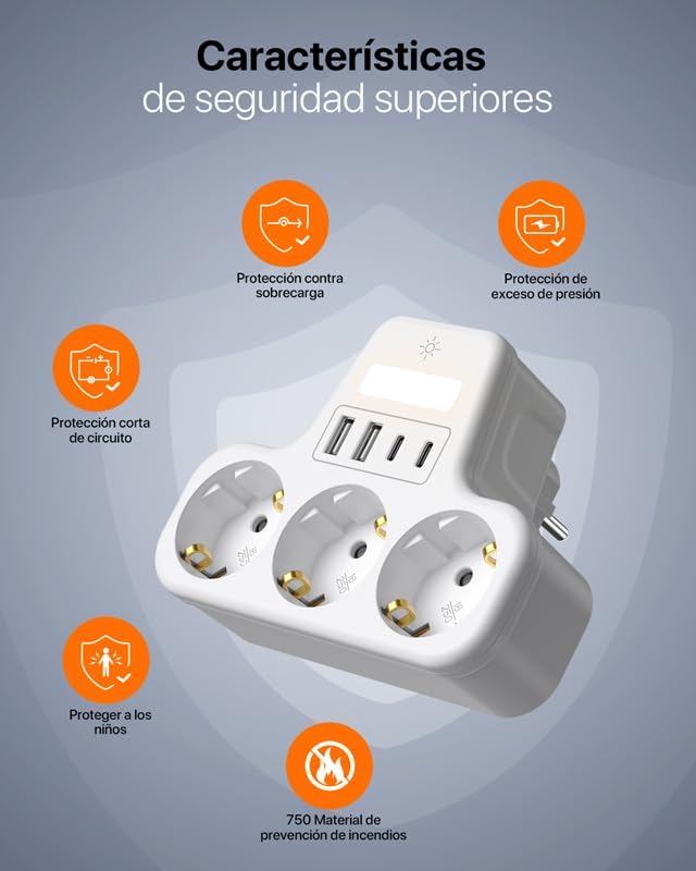 7 en 1 Regletas Enchufes 2 USB, Ladron Enchufes Plano con 2 USB C, 3 Tomas Ladrón Enchufes Multiples con LED, Triple Cargador Multiple 3680W, Regleta Pared para Oficina, Blanco — foto 7 de 8
