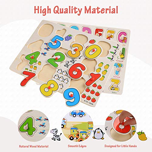 image for wonuu Wooden Peg Puzzles Set, 3 Set Knob Puzzles, Alphabet ABC Numbers