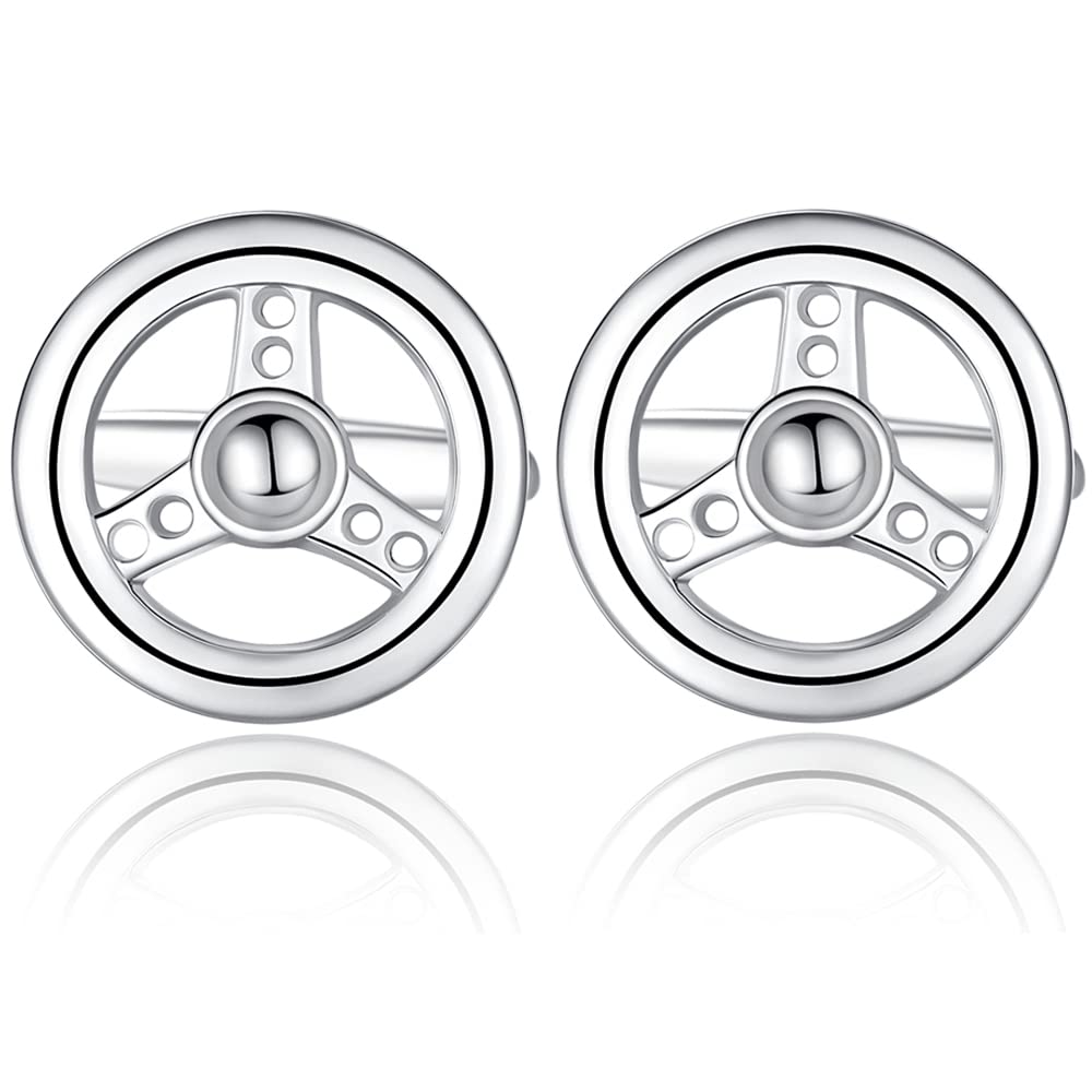 HONEY BEAR Car Steering Wheel Novelty Cufflinks for Men, Stainless Steel Round Retro, Cuff links Gift Silver