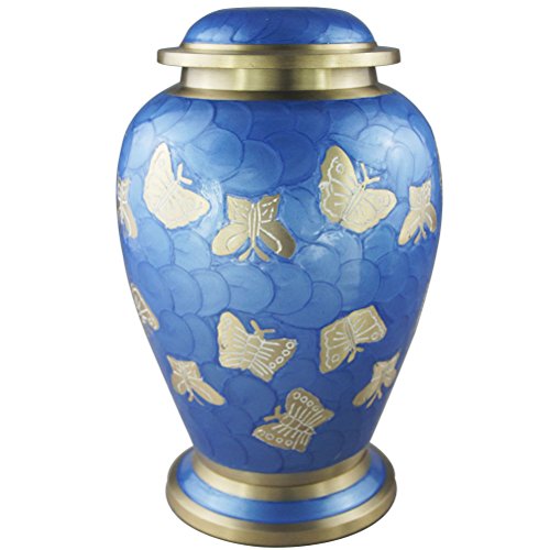 Funeral Cremation Urn for Human Ashes Adult Large and Memorial Urn - Hand Made in Brass & Hand Engraved - Extra Large Cremation Urns for Adults Burial (Golden Butterfly Blue, Funeral Urns for Ashes