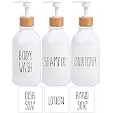 Shampoo and Conditioner Dispenser-Set of 3-16 oz Reusable Pump Bottle Dispenser for Bathroom with 6 Waterproof Stickers - Empty Plastic Refillable Containers for Shower (White)