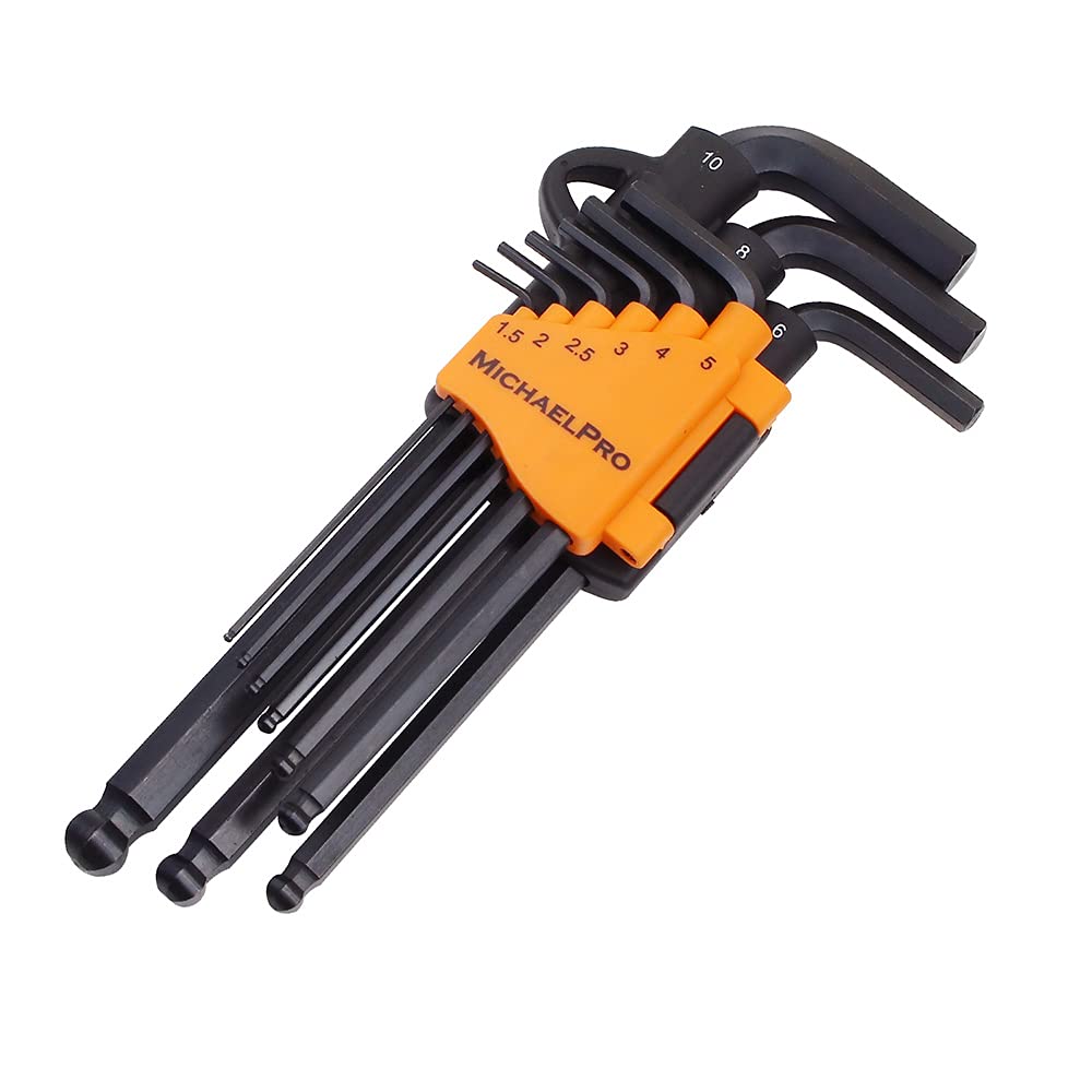 MichaelPro MP001048 Ball End Hex Key Set 9 Piece Metric Size Allen Key Set Comes with a Handy Hook Holder