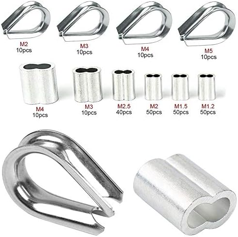 Cable Thimbles and Loop Sleeve,Carkio Double Barrel Ferrule Crimping Loop Sleeve &Wire Rope Cable Thimbles Combo Assortment Kit for Wire Rope and Cable Thimbles,250 PCS